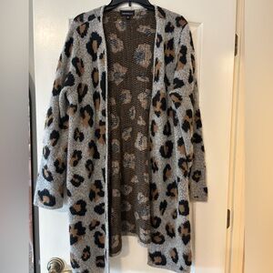 Cozy Leopard Print Open-Front Cardigan - Light Gray/Tan